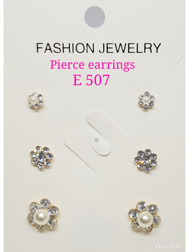 3pairs in 1 Pierce Crystals & Pearl Flower Earrings: E 507
