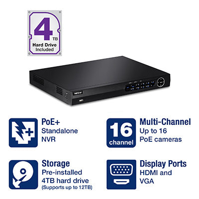 Trendnet 16-channel HD PoE NVR + 4TB Hard Drive