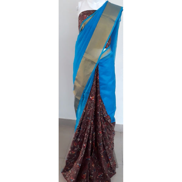 Kota cotton mix silk kalamkari half and half sarees with kalamkari blouse