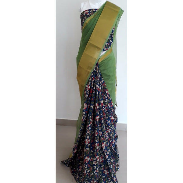 Kota cotton mix silk kalamkari half and half sarees with kalamkari blouse