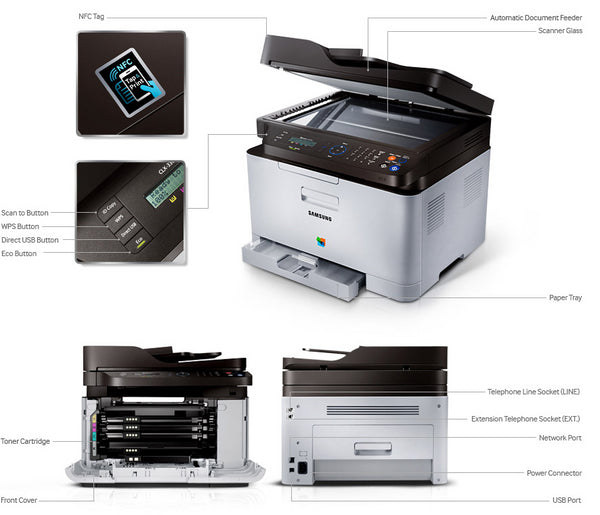 Samsung NFC Print / Wifi Print Speed 18ppm/4ppm Resolution 2400x600 interface USB / Ethernet