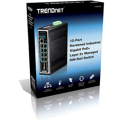 Trendnet 12-Port Hardened Industrial Gigabit PoE+ Layer 2+ Managed DIN-Rail Switch